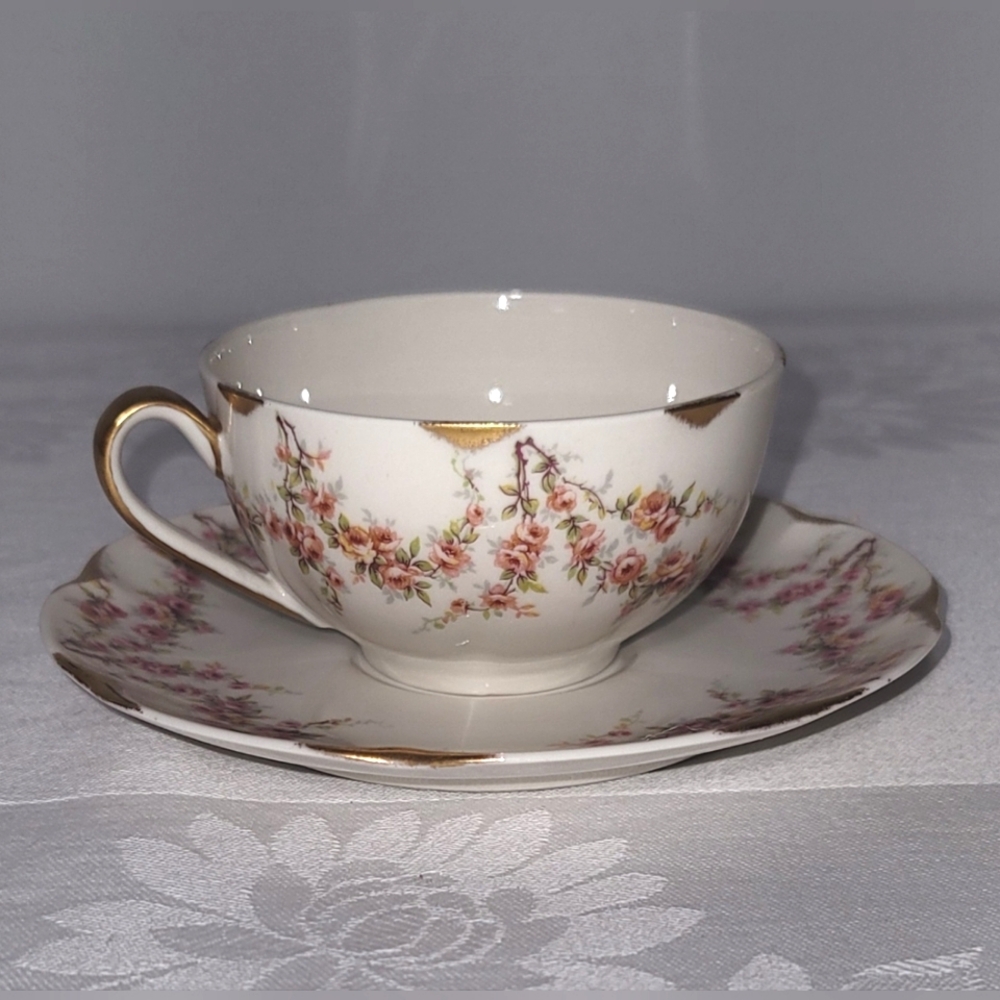 Haviland 'Varenne' Flat Cup and Saucer with Pink Floral and Gold Trim